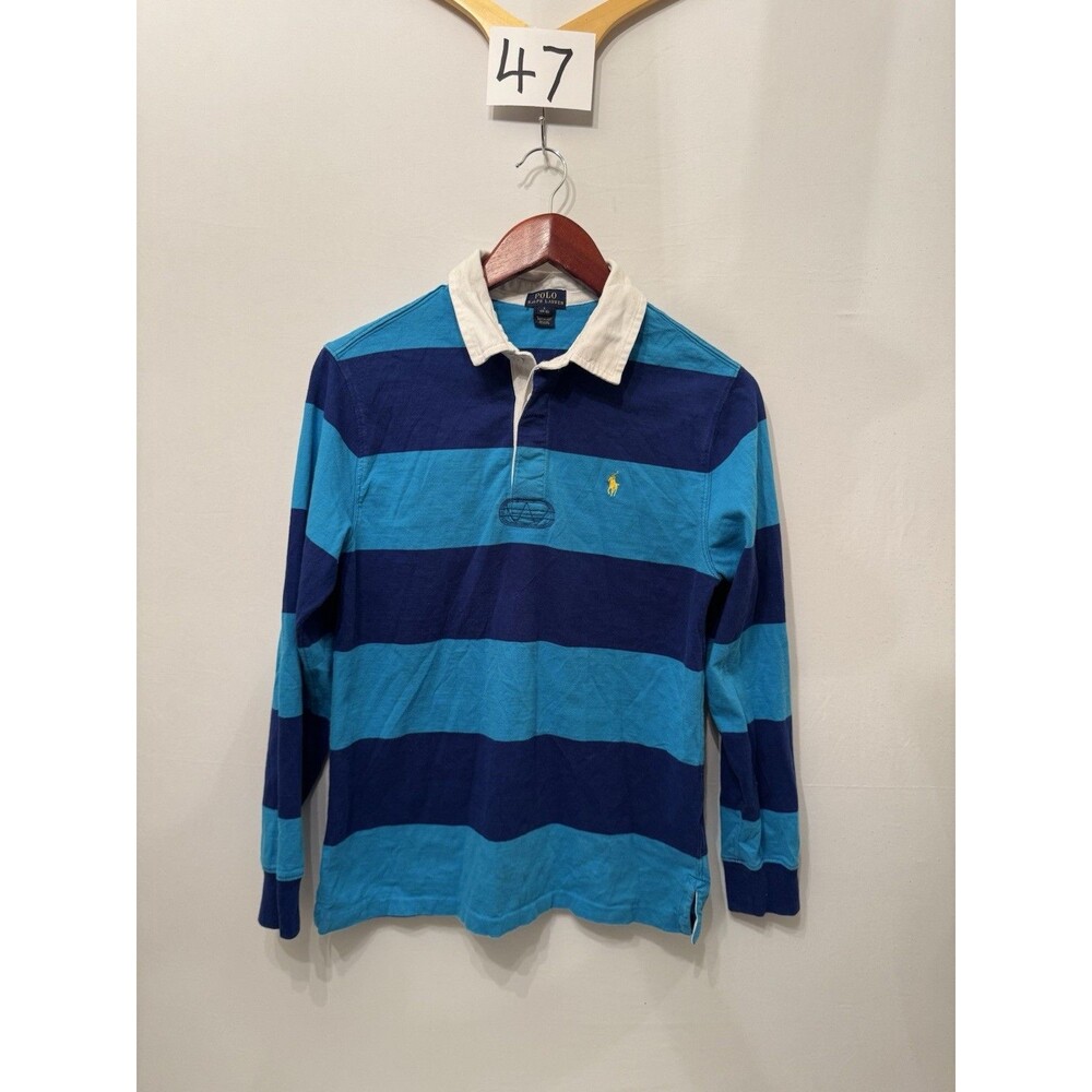Polo Ralph Lauren Boys L 14-16 Rugby Shirt Blue Teal Stripe Long Sleeve Pony
